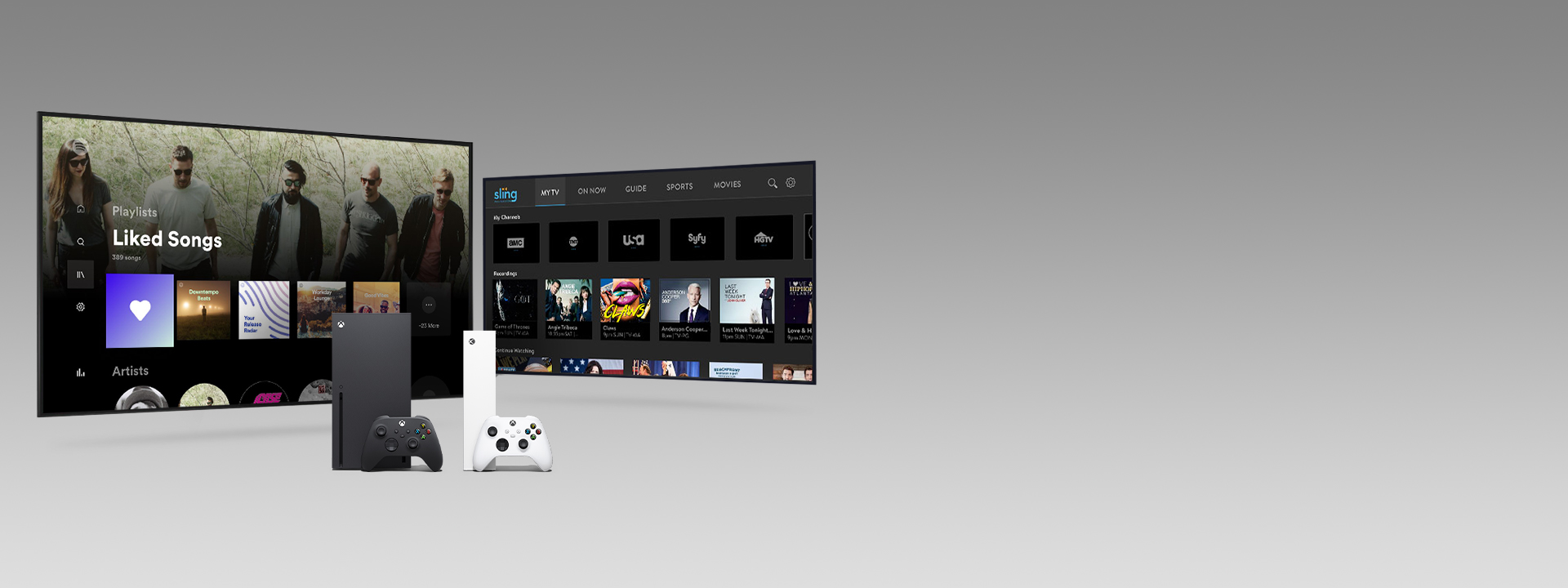 An Xbox Series X and Series S with controllers in front of two television screens featuring app user interfaces.