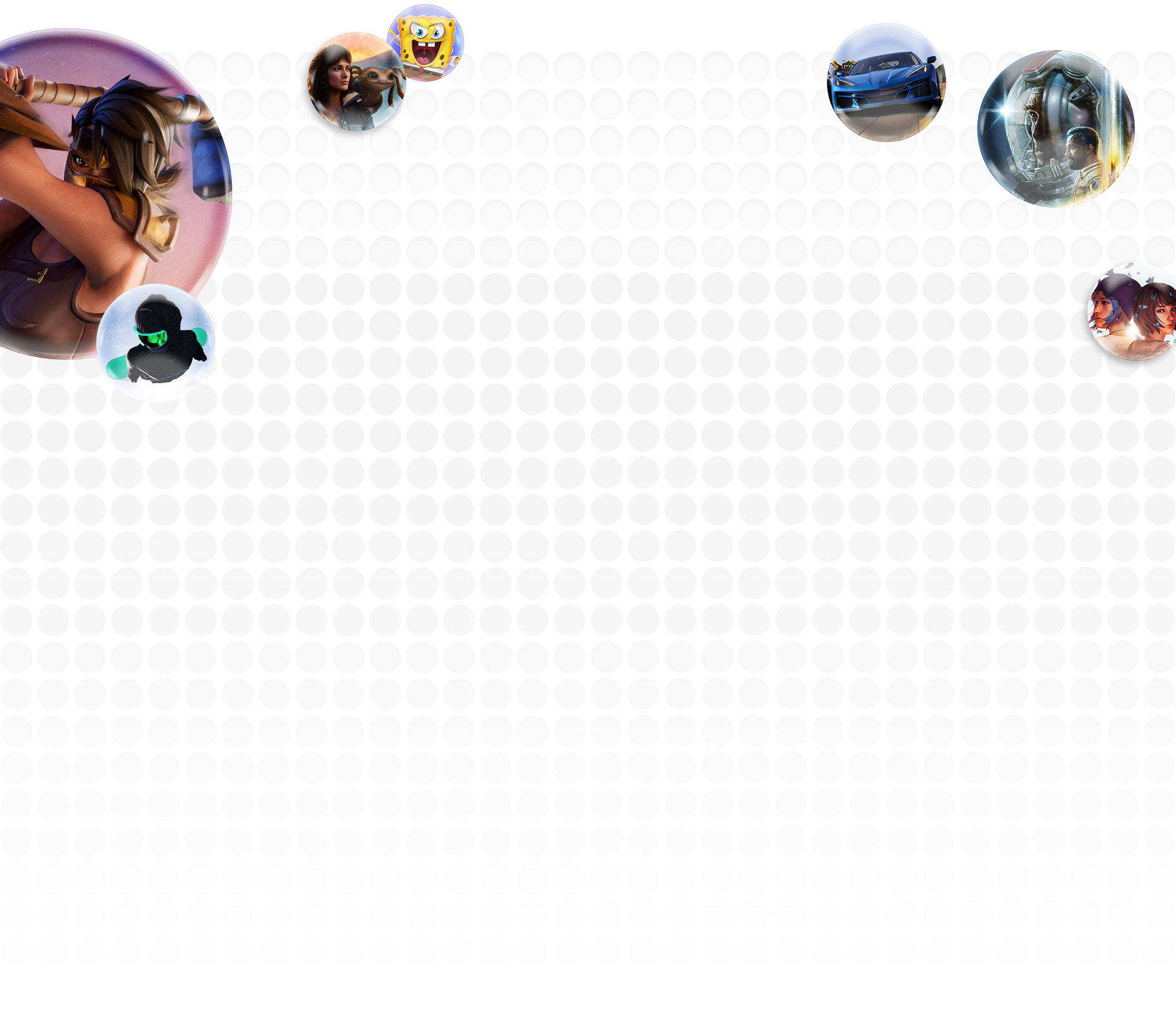 Characters from Xbox games Fortnite, Star Wars, Starfield, Forza Motorsport floating in bubbles